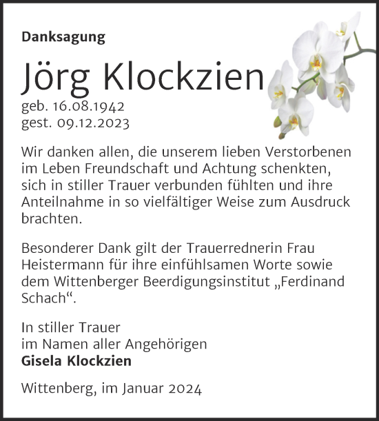 Traueranzeige von Jörg Klockzien von Trauerkombi Wittenberg