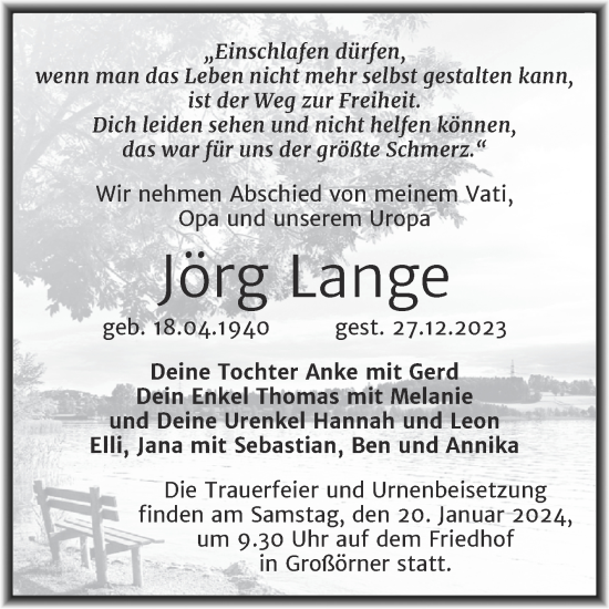 Traueranzeige von Jörg Lange von Trauerkombi Mansfelder Land