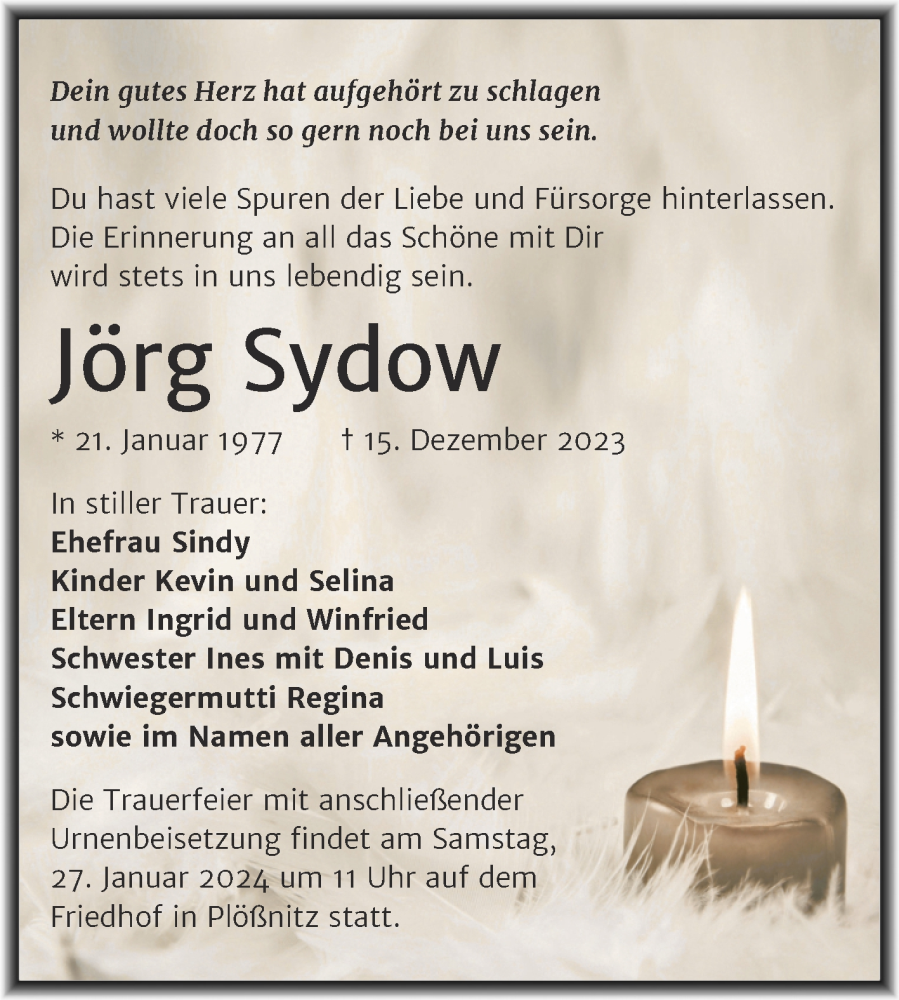  Traueranzeige für Jörg Sydow vom 13.01.2024 aus Mitteldeutsche Zeitung Halle/Saalkreis