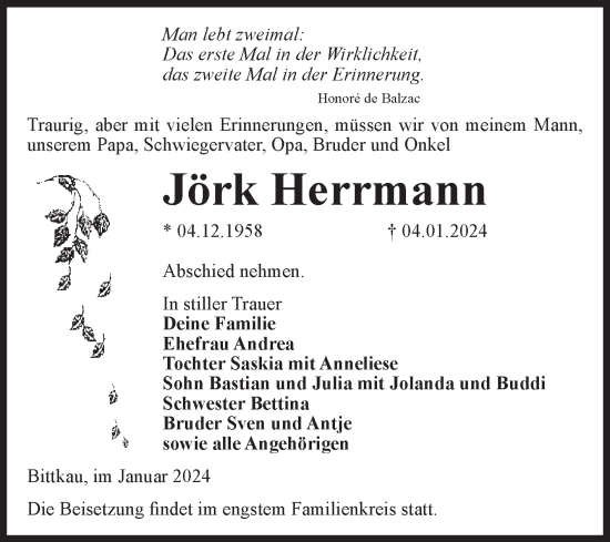 Traueranzeige von Jörk Herrmann von Volksstimme Altmark Ost