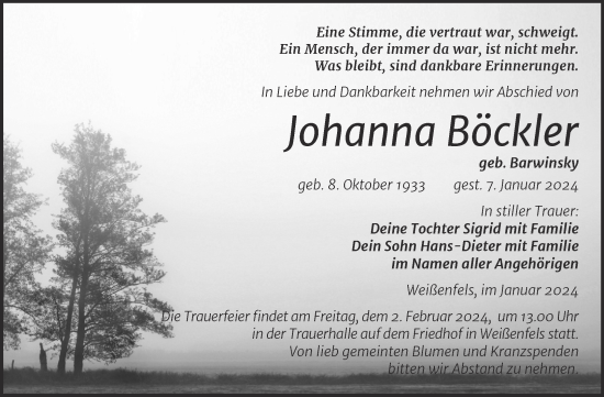 Traueranzeige von Johanna Böckler von Trauerkombi Weißenfels