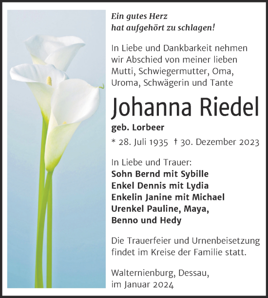 Traueranzeige von Johanna Riedel von Volksstimme Zerbst