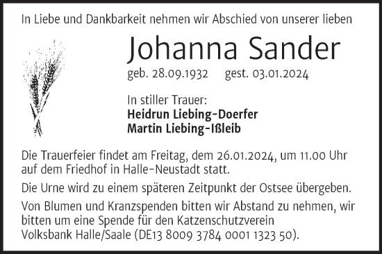 Traueranzeige von Johanna Sander von Mitteldeutsche Zeitung Halle/Saalkreis