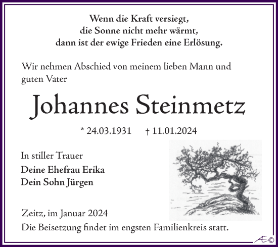 Traueranzeige von Johannes Steinmetz von Trauerkombi Zeitz