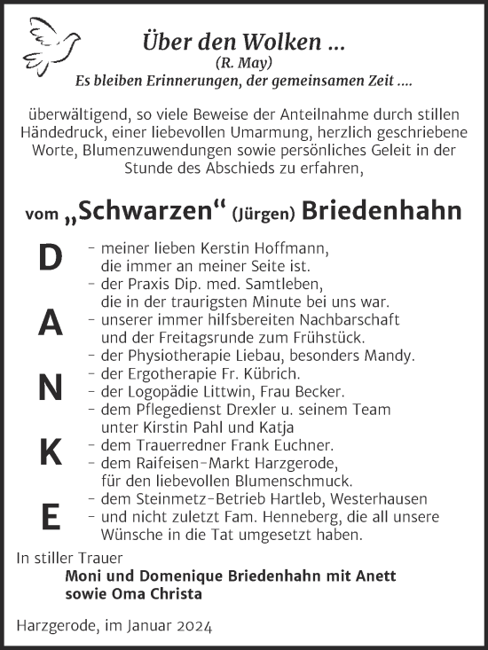 Traueranzeige von Jürgen Briedenhahn von Super Sonntag Quedlingburg