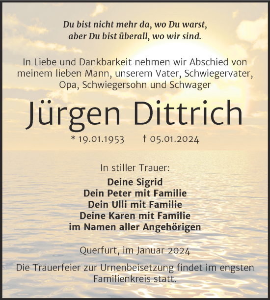 Traueranzeige von Jürgen Dittrich von Trauerkombi Merseburg