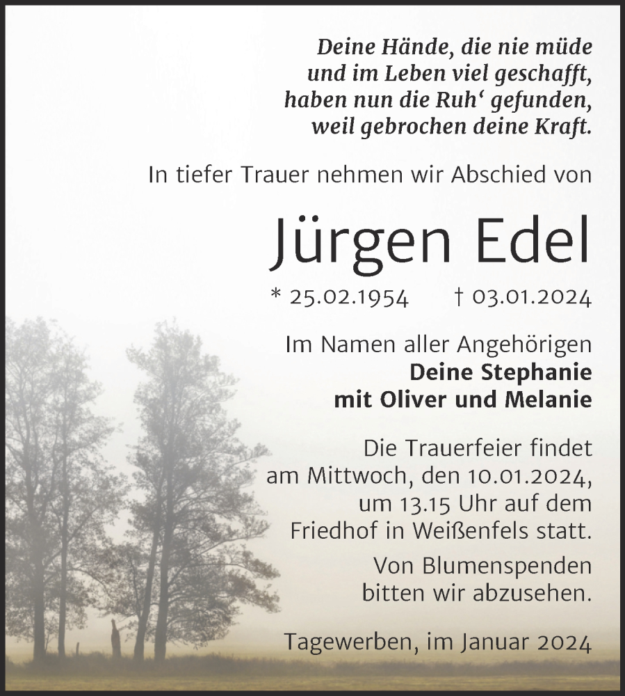  Traueranzeige für Jürgen Edel vom 08.01.2024 aus Mitteldeutsche Zeitung Weißenfels