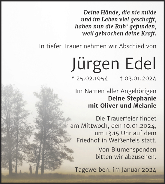 Traueranzeige von Jürgen Edel von Mitteldeutsche Zeitung Weißenfels
