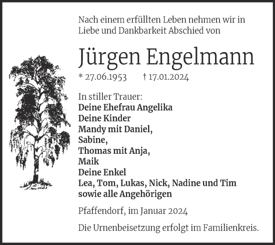 Traueranzeige von Jürgen Engelmann von Trauerkombi Köthen