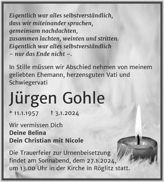 Traueranzeige von Jürgen Gohle von Trauerkombi Merseburg