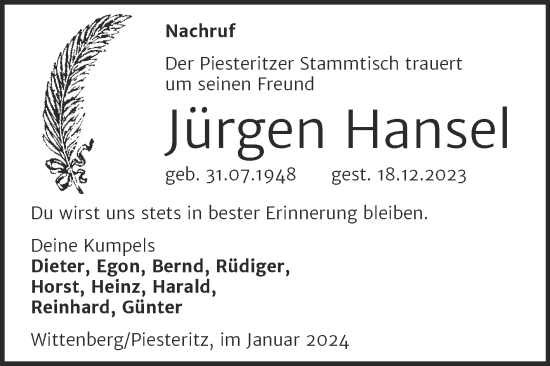 Traueranzeige von Jürgen Hansel von Trauerkombi Wittenberg