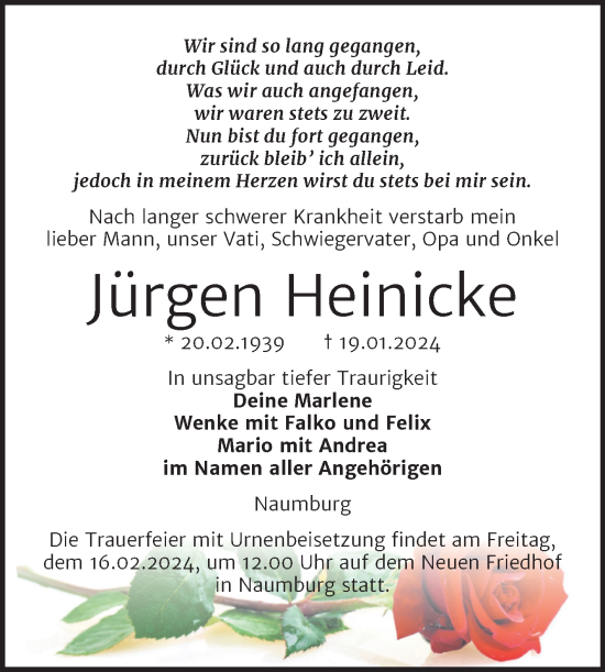 Traueranzeige von Jürgen Heinicke von Wochenspiegel Naumburg/Nebra