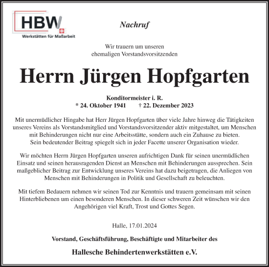 Traueranzeige von Jürgen Hopfgarten von Mitteldeutsche Zeitung Halle/Saalkreis