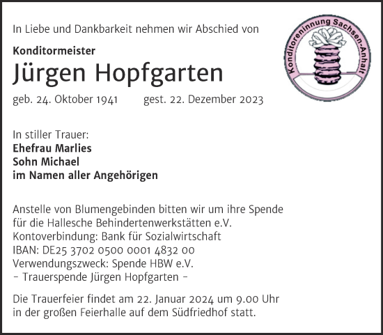 Traueranzeige von Jürgen Hopfgarten von Mitteldeutsche Zeitung Halle/Saalkreis