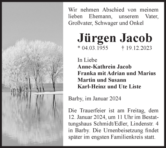 Traueranzeige von Jürgen Jacob von Volksstimme Schönebeck