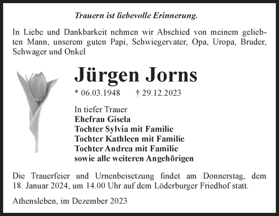 Traueranzeige von Jürgen Jorns von Volksstimme Staßfurt