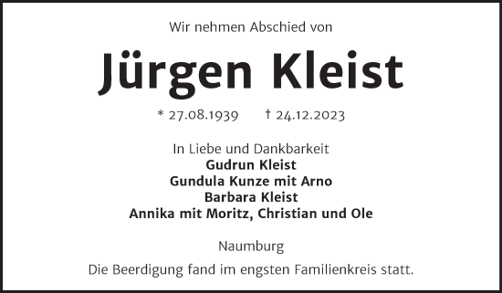 Traueranzeige von Jürgen Kleist von Wochenspiegel Naumburg/Nebra