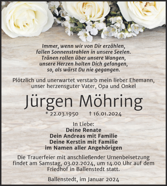 Traueranzeige von Jürgen Möhring von Trauerkombi Quedlinburg