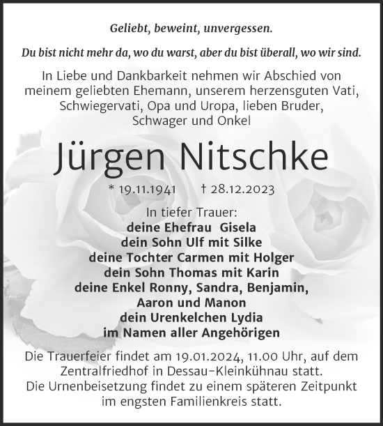 Traueranzeige von Jürgen Nitschke von Trauerkombi Dessau