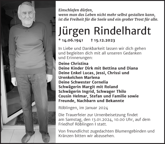 Traueranzeige von Jürgen Rindelhardt von Trauerkombi Mansfelder Land