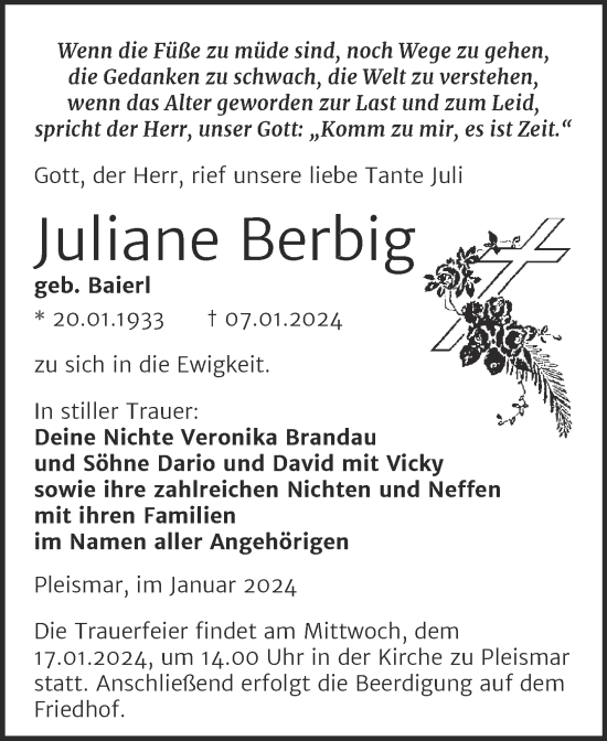 Traueranzeige von Juliane Berbig von Naumburger Tageblatt