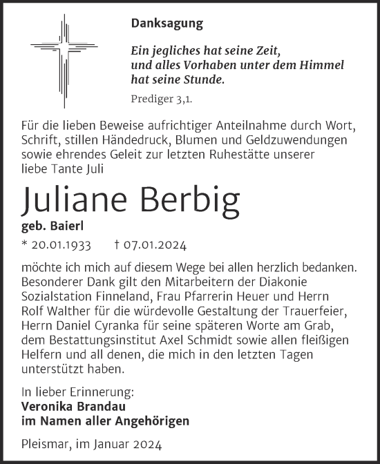 Traueranzeige von Juliane Berbig von Naumburger Tageblatt