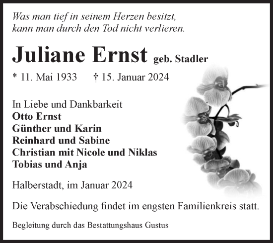 Traueranzeige von Juliane Ernst von Volksstimme Halberstadt
