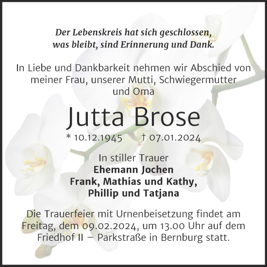 Traueranzeige von Jutta Brose von Trauerkombi Bernburg
