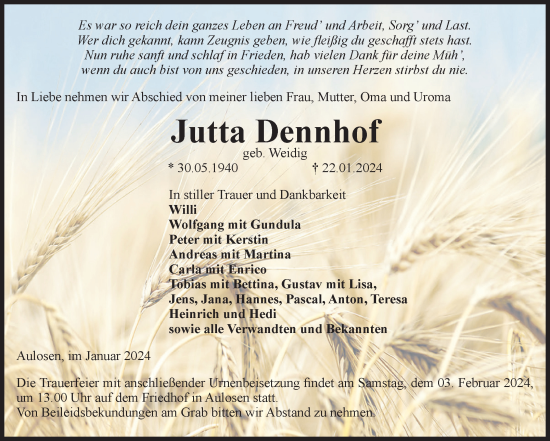 Traueranzeige von Jutta Dennhof von Volksstimme Altmark Ost