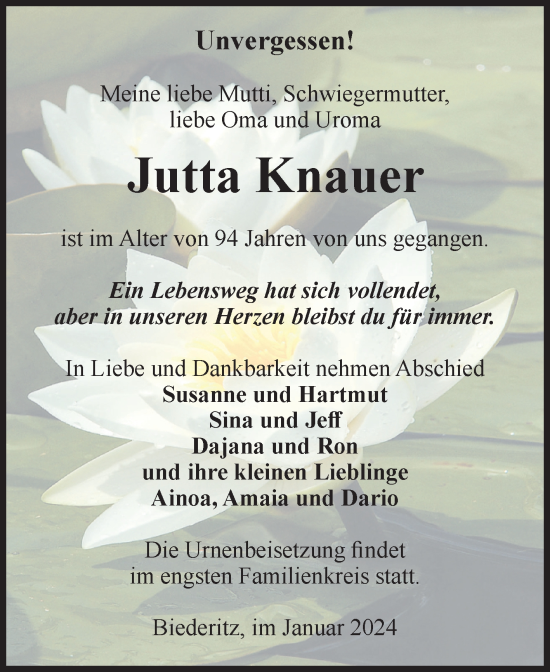 Traueranzeige von Jutta Knauer von Volksstimme Burg/Genthin