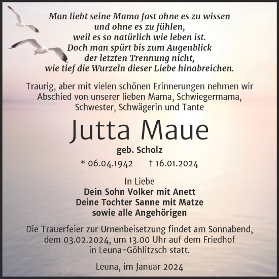 Traueranzeige von Jutta Maue von Trauerkombi Merseburg