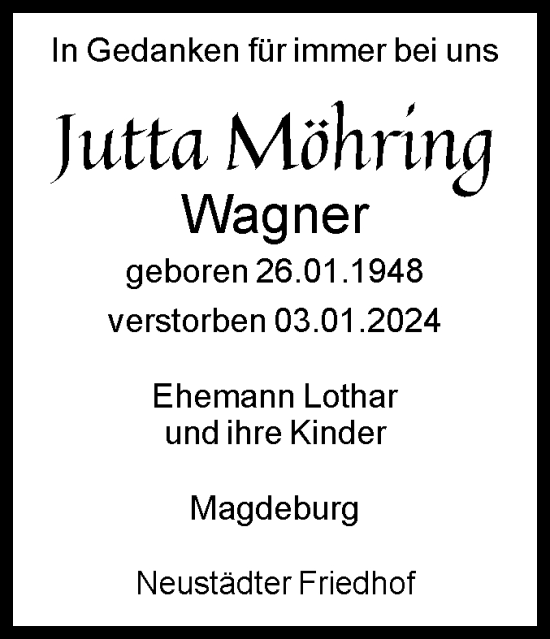 Traueranzeige von Jutta Möhring von Volksstimme Magdeburg