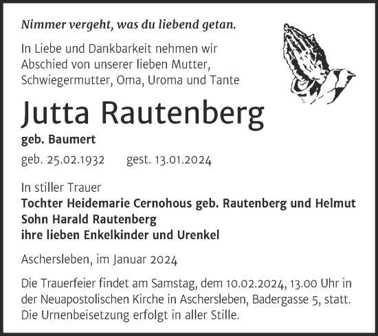 Traueranzeige von Jutta Rautenberg von Trauerkombi Aschersleben