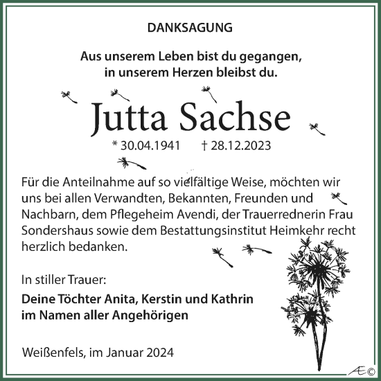 Traueranzeige von Jutta Sachse von Trauerkombi Weißenfels