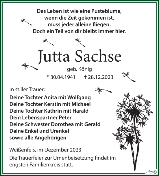 Traueranzeige von Jutta Sachse von Trauerkombi Weißenfels