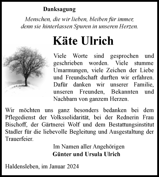 Traueranzeige von Käte Ulrich von Volksstimme Haldensleben/Wolmirstedt