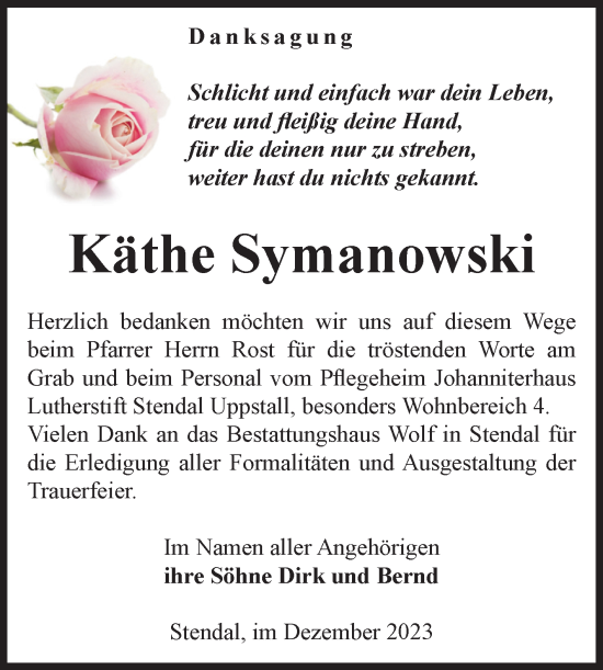 Traueranzeige von Käthe Symanowski von Volksstimme Altmark Ost