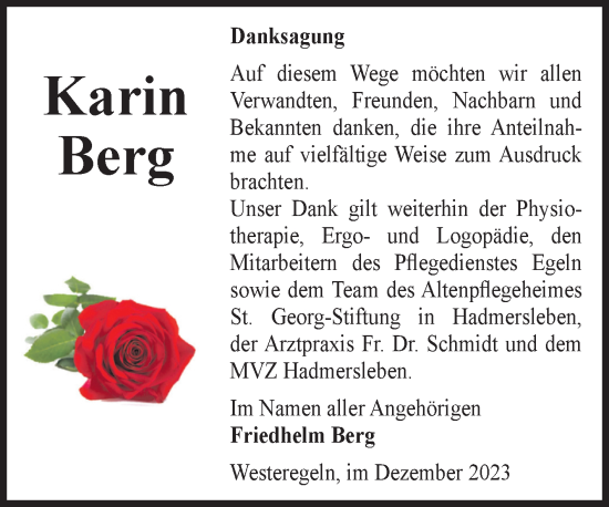 Traueranzeige von Karin Berg von Volksstimme Staßfurt