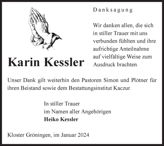 Traueranzeige von Karin Kessler von Volksstimme Oschersleben/Wanzleben