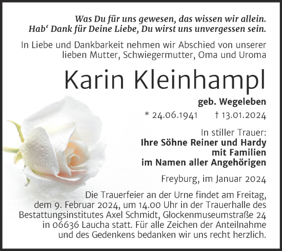 Traueranzeige von Karin Kleinhampl von Wochenspiegel Naumburg/Nebra