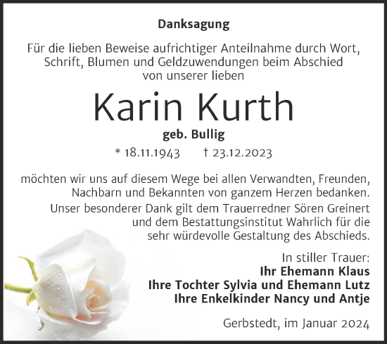 Traueranzeige von Karin Kurth von Trauerkombi Mansfelder Land