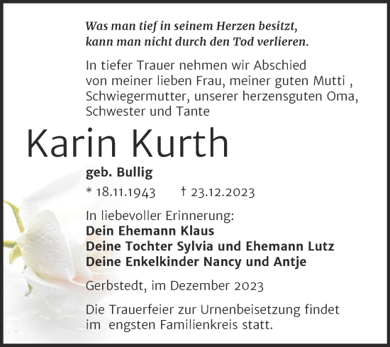 Traueranzeige von Karin Kurth von Trauerkombi Mansfelder Land
