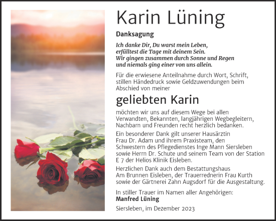 Traueranzeige von Karin Lüning von Trauerkombi Mansfelder Land