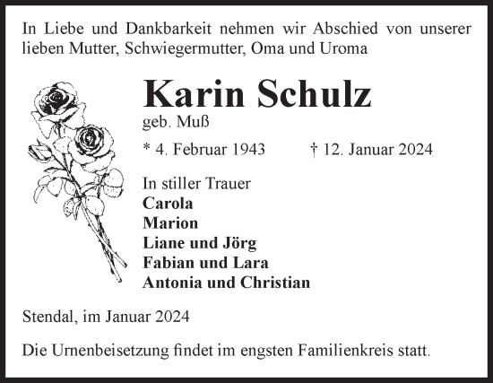 Traueranzeige von Karin Schulz von Volksstimme Altmark Ost