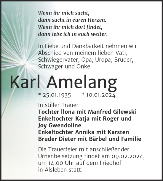 Traueranzeige von Karl Amelang von Trauerkombi Bernburg