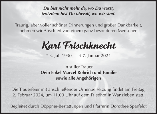 Traueranzeige von Karl Frischknecht von Volksstimme Oschersleben/Wanzleben