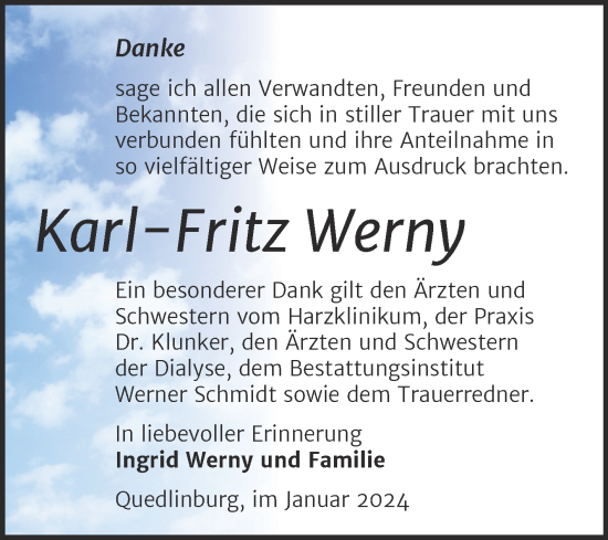 Traueranzeige von Karl-Fritz Werny von Trauerkombi Quedlinburg
