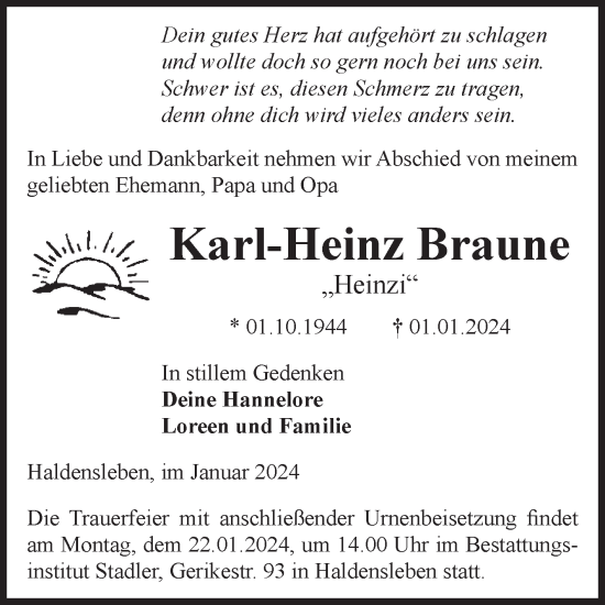 Traueranzeige von Karl-Heinz Braune von Volksstimme Haldensleben/Wolmirstedt