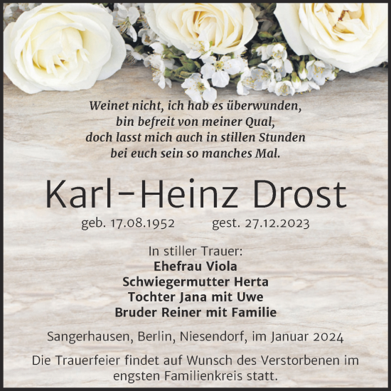 Traueranzeige von Karl-Heinz Drost von Trauerkombi Sangerhausen