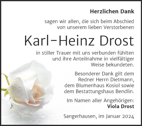 Traueranzeige von Karl-Heinz Drost von Trauerkombi Sangerhausen